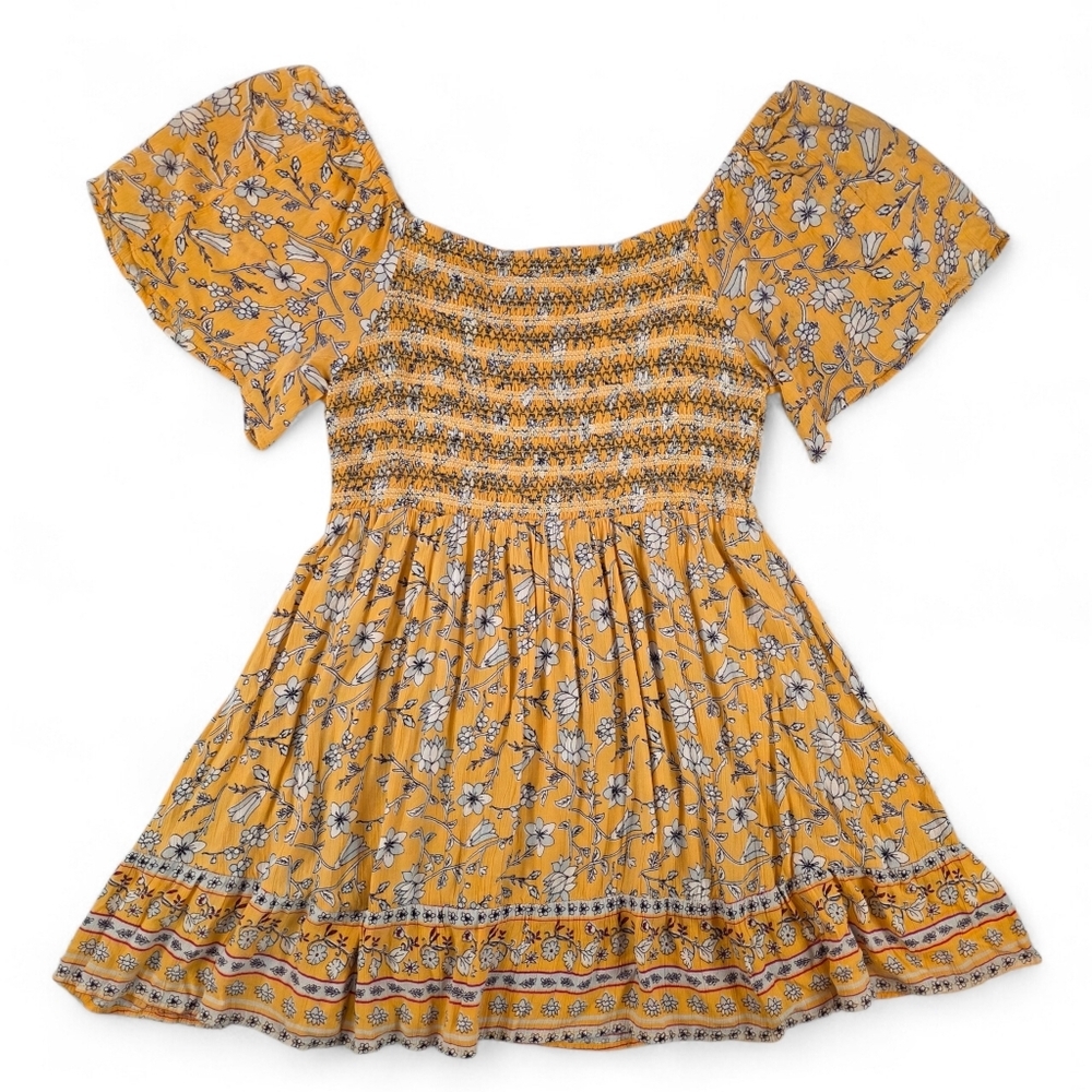 Yellow Floral Smocked Babydoll Peasant Blouse Off Shoulder Cottagecore L